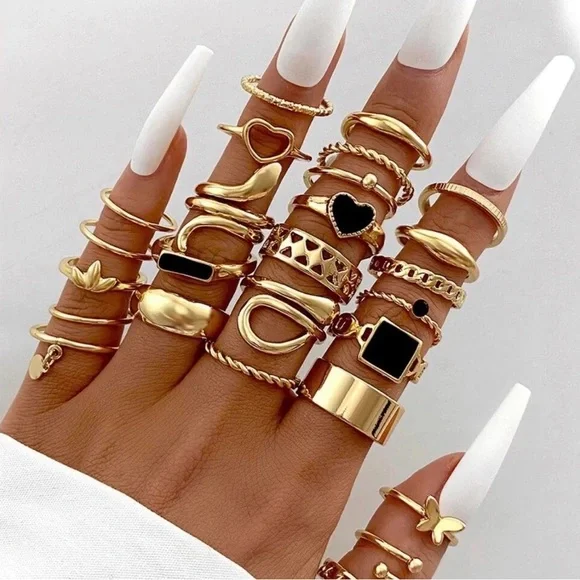 Gold Plated Stackable Ring Set – Stainless Steel, Black Enamel Accents - Picture 1 of 4